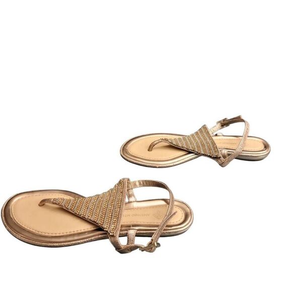 Sandals Gold Rhinestones And Studs Leather Flip Flops Antonio Melani Shoes - Picture 6 of 9